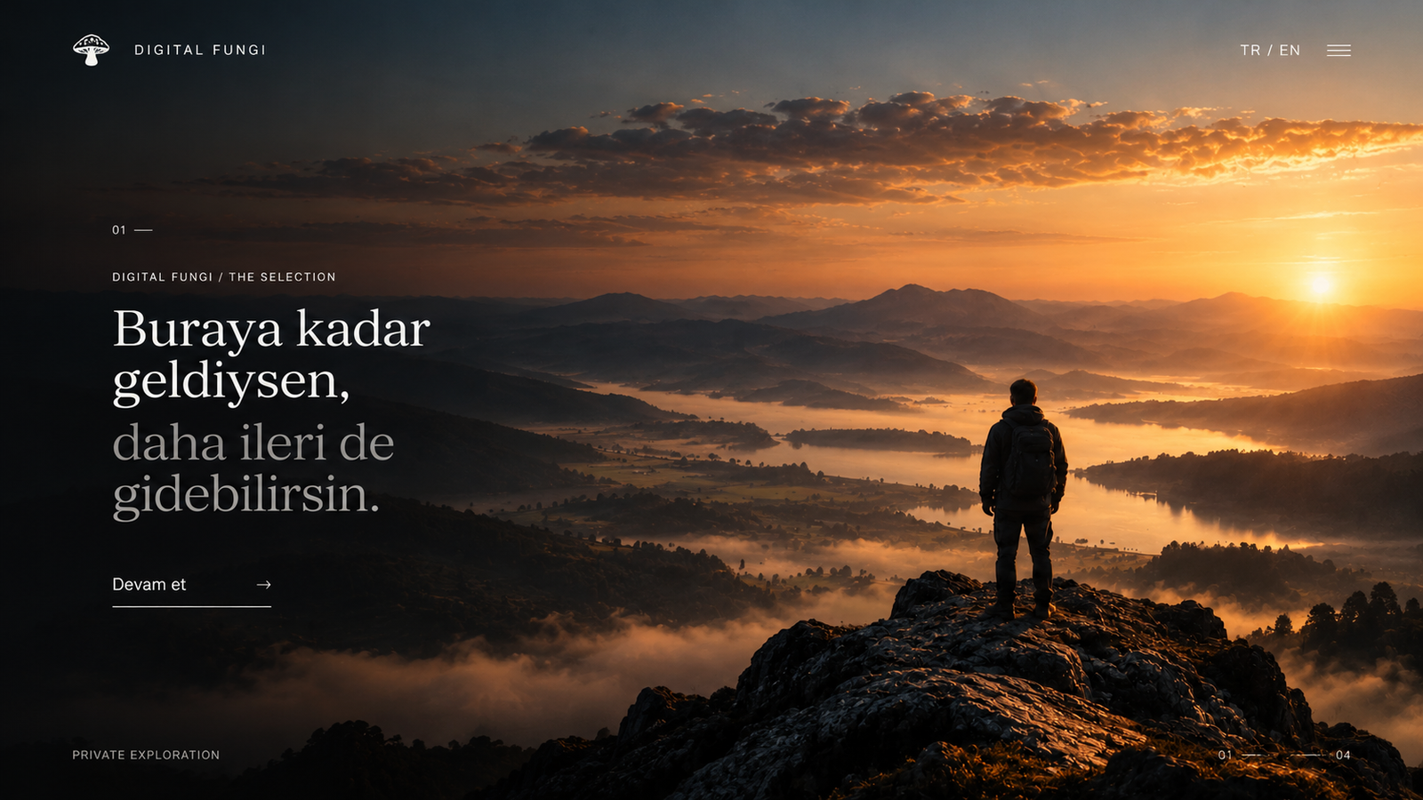 Dağın zirvesinde tek başına duran insan, sisli vadiye bakıyor